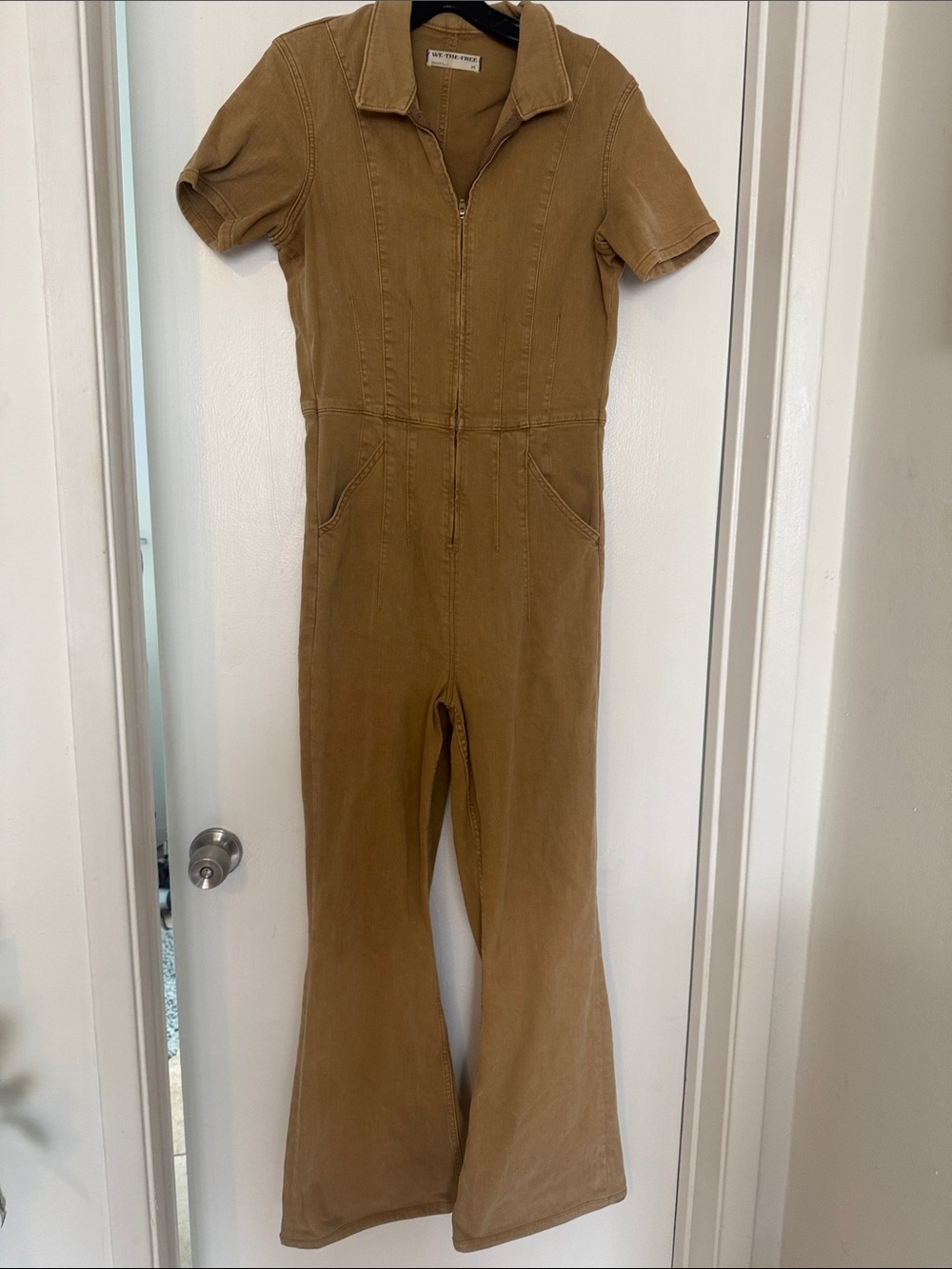 Free People Short Sleeve Zip up Jumpsuit in Camel